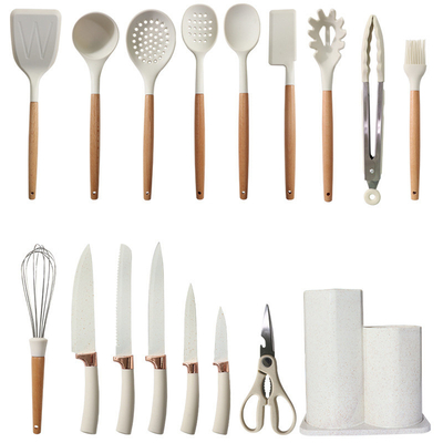 17pcs সিলিকন রান্নাঘর যন্ত্রপাতি রান্নাঘর যন্ত্রপাতি সেট টার্নার ট্যাং, স্প্যাটুলা, চামচ, ব্রাশ, হুইস্ক, কাঠের হ্যান্ডেল গ্যাজেট